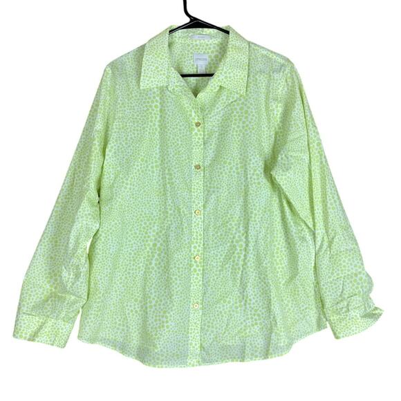 Chicos Womens Blouse White Green Dots Collared Non Iron Button Down 3 (XL) - Picture 1 of 12